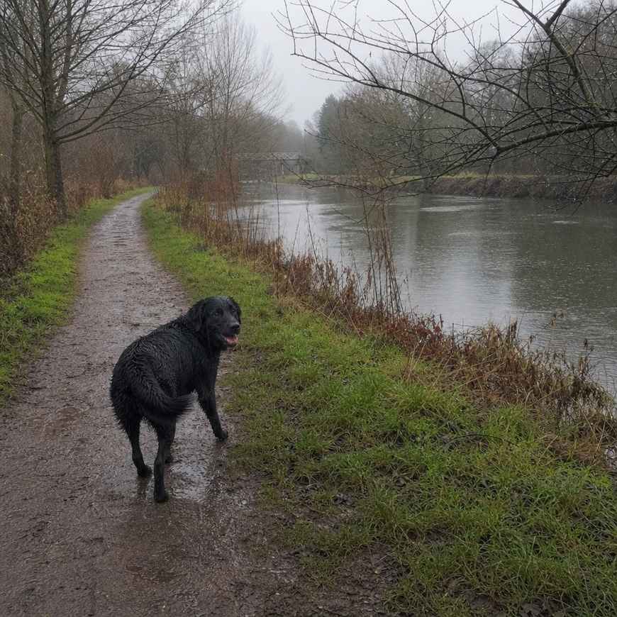 A black retriever trotting along a wet riverside trail on a grey, rainy morning